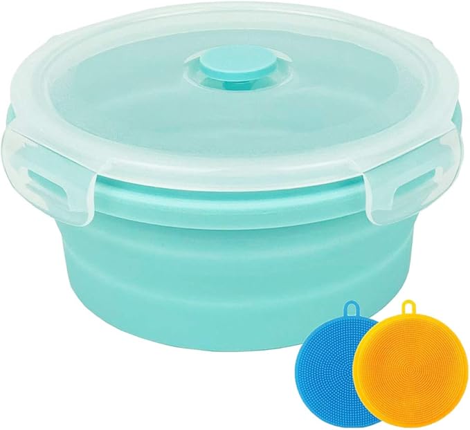 CARTINTS Small Collapsible Bowl Silicone Food Storage Containers Collapsible Camping Bowl for Travel Camping Hiking with Airtight Plastic Lids and 2Pack Silicone Dish Sponges- Blue, 350ml