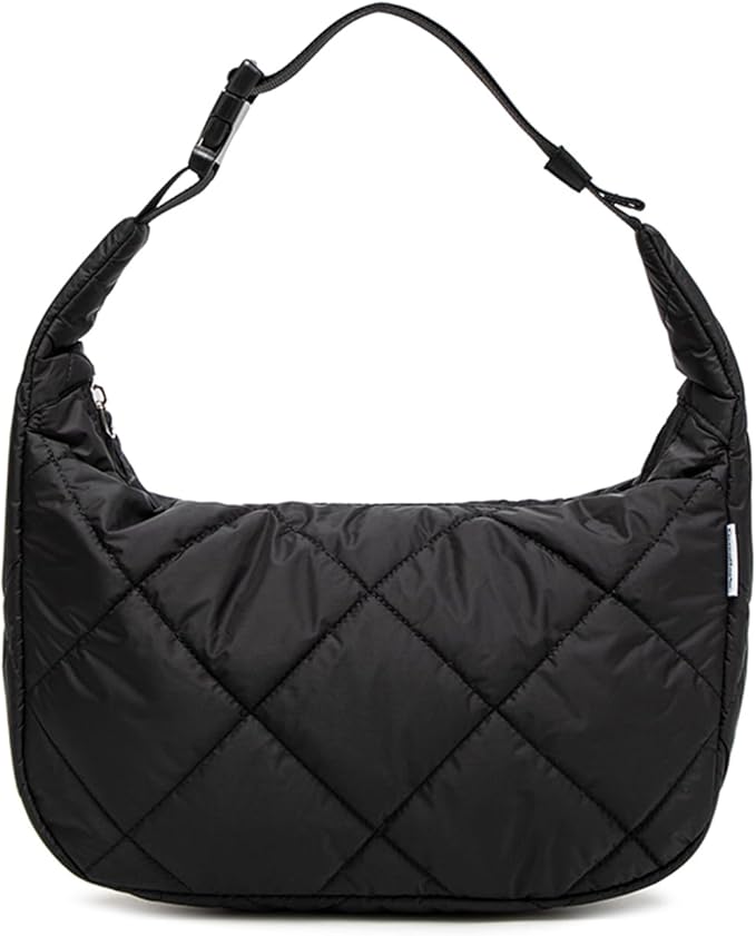 Insulated Lunch Bag for Women, Quilted Reusable Lunch Box with Adjustable Strap, Waterproof Cute Puffy Bento Tote, Stylish Cooler Bag for Work, Picnic or Travel, Black