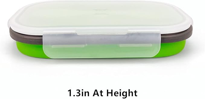 Green Food Grade Silicone Lunch Container Bento Box, Collapsible Food Storage Containers with Airtight Lids and 2in1 Fork, Reusable Food Container for Travel Camping, 1000ml Microwave Container