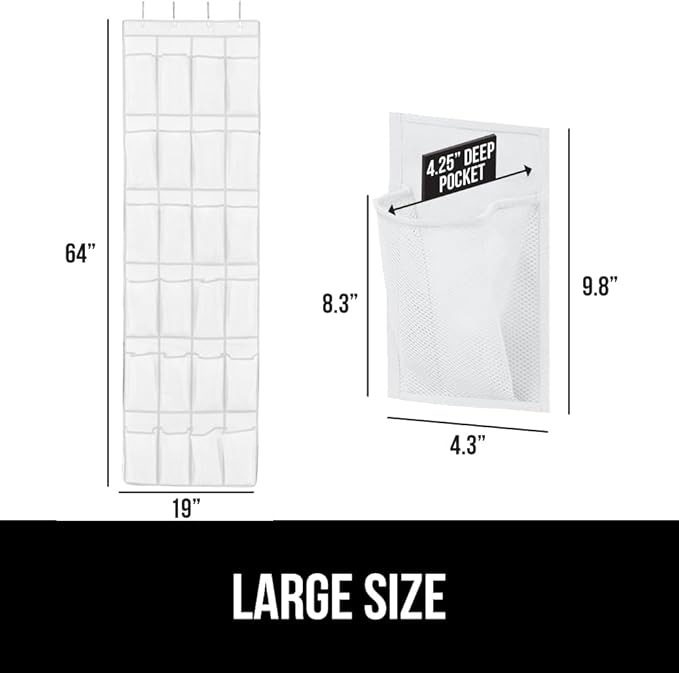 GORILLA GRIP Over the Door Shoe Organizer, 2 Pack, 24 Breathable Mesh Pockets, Space Saving Hanging Storage Holder, Closet Rack Hanger Holds Up to 40 lbs, Hangs on Closets, Shoes, Accessories, White