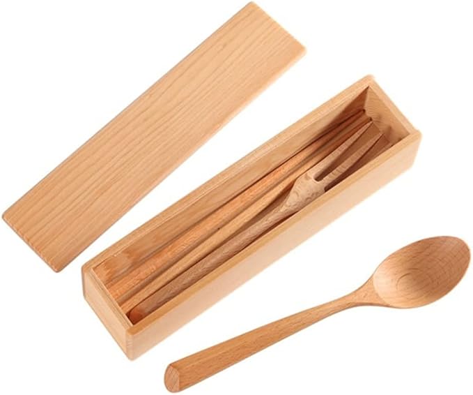 Sanrich Wood Cutlery Set Chopsticks Spoon Fork Kit with Case School Office Lunch Reusable Tableware Camping Flatware Dinnerware Travel Utensils