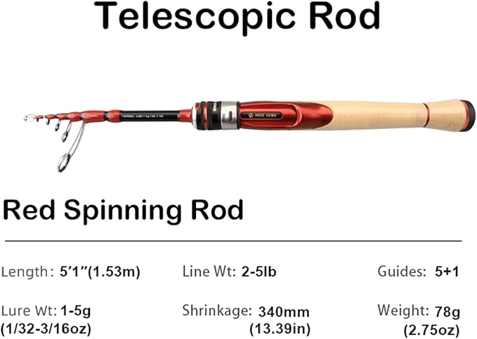 PURELURE Fishing Rod Telescopic, Carbon Fiber Spinning Casting Travel Rod, Spare Solid Carbon Tip, 3A Cork Handle, ABS Metal Reel Seat, Floating Guide Ultralight Portable Fishing Pole