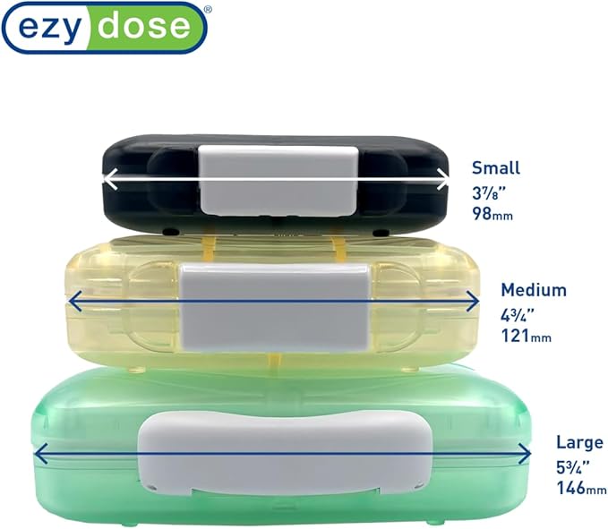 EZY DOSE Moisture-Proof Pill Case, Medicine Planner, Vitamin Organizer Box, Travel-Friendly, Latch-Closure to Secure Contents, 4 Individual Compartments of Multiple Sizes with Tight Seal, Small, Black