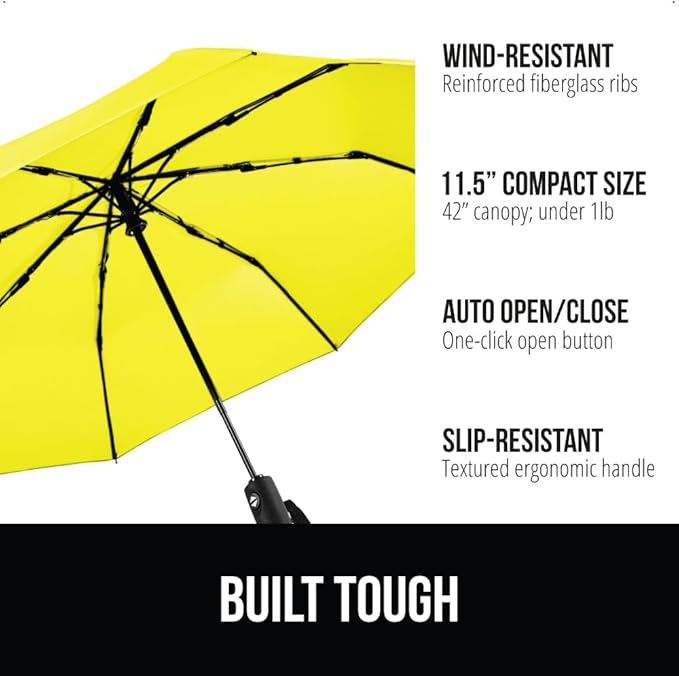 GORILLA GRIP Strong Stick Umbrella for Rain, Compact Travel One-Click Automatic Open Close, Lightweight, Portable, US Designed Reinforced Fiberglass Ribs, Wind Resistant, Easy Collapse, Yellow