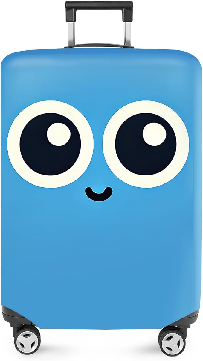 ANNA QUEEN Cute Smiley Face Luggage Cover, Blue Cartoon Suitcase Protector with Big Eyes Design, Stretchable, Washable Travel Cover for 32-34 Inch Luggage