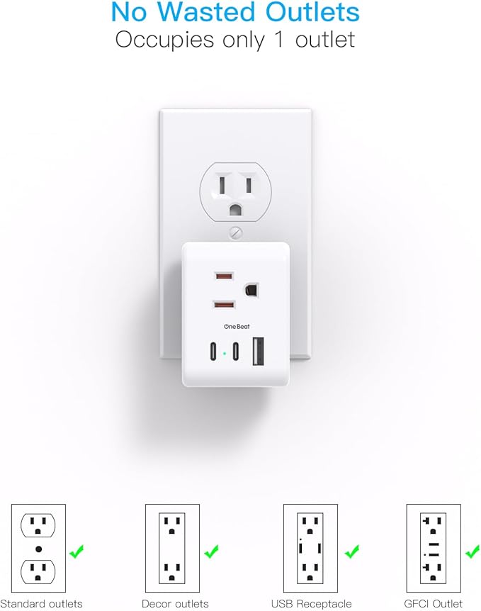 Multi Plug Outlet Extender, Power Strip Non Surge Protector Electric Outlet Splitter with 3 USB Wall Charger (2 USB C), Multiple Outlet Expander for Cruise, Dorm, Travel, Home, Office(White)
