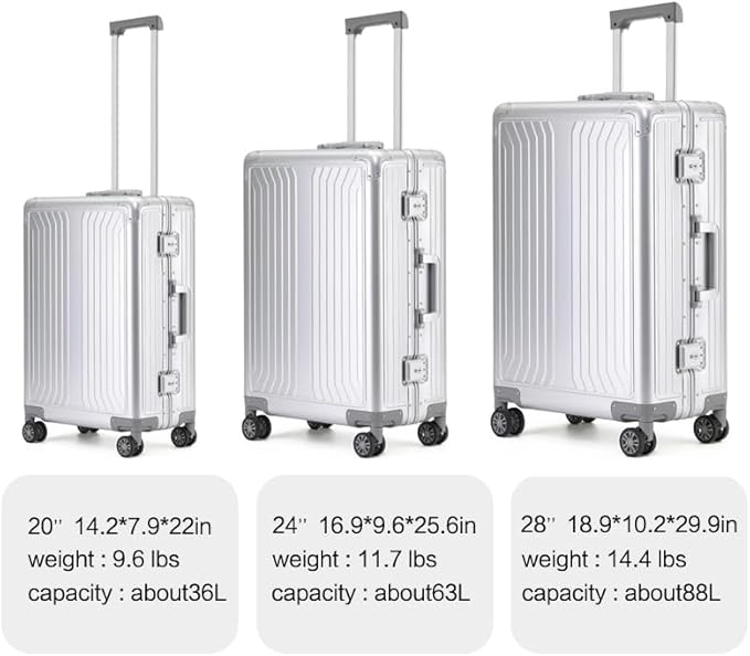 Metal all aluminum carry-on suitcase 20 "hard face, TSA lock and rotating wheel zippered luggage set (silvery, 2Piece(20/28))