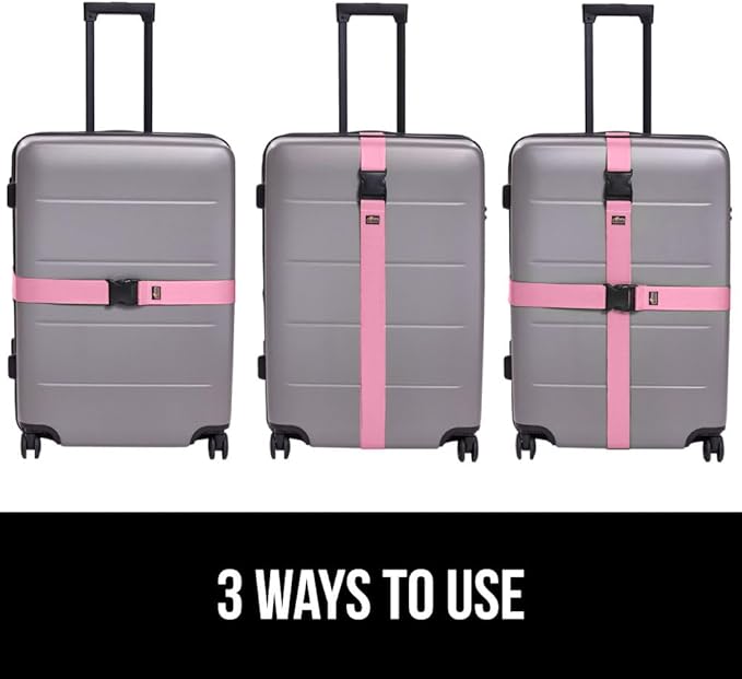GORILLA GRIP Heavy Duty Adjustable Luggage Straps for Suitcases, Easy to Identify Travel Belt Connector Holds Suitcase Together, Extends Life of Bag, Strap Connects Two Bags, Accessories 2 Pack Pink