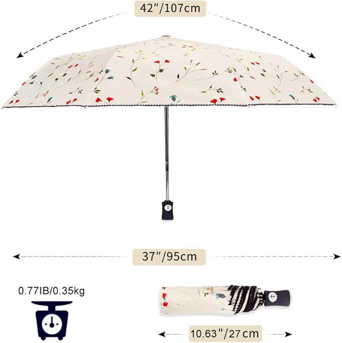 Cuby UV Sun Umbrella Compact Folding Travel Umbrella Auto Open and Close for Windproof, Rainproof & 99.9% UV Protection Parasol with Black Anti-UV Coating (Flowers)