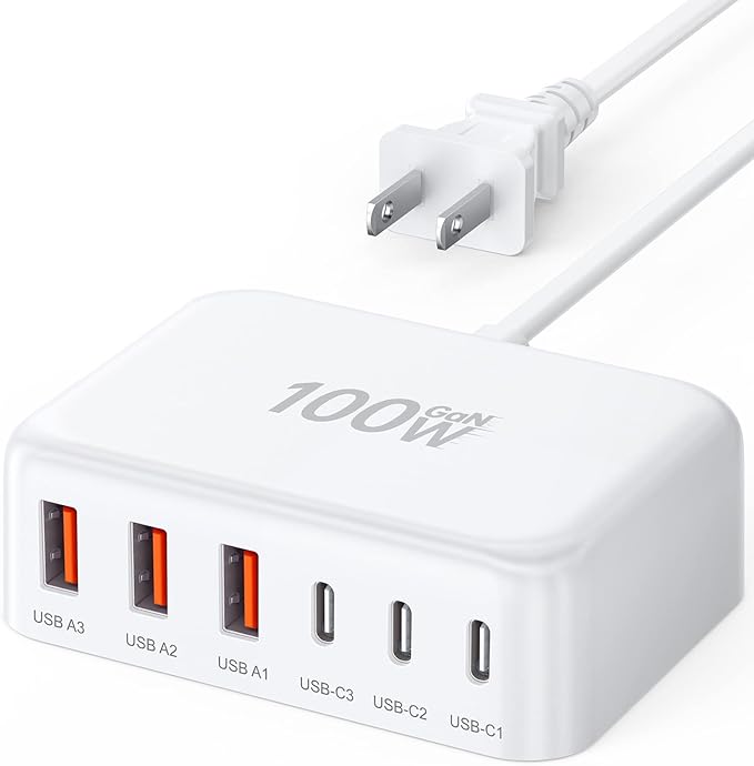 USB C Fast Charger, 100W GaN 6 Port Type C Charging Station Hub Block Cube, USB C Wall Charger Power Strip Adapter Plug for iPad iPhone 17 16 15 14 13 12 Pro Max Pixel Note Galaxy, 5ft Cord