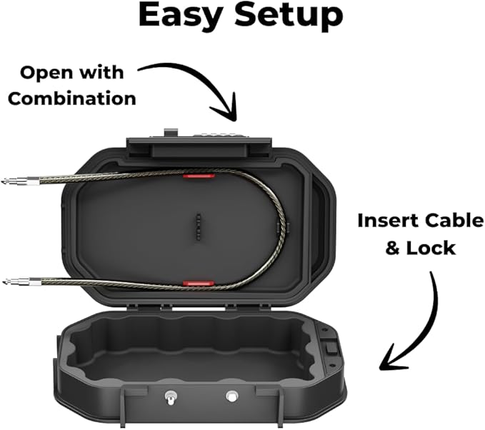 Portable Security Lock Box with Combination Lock, Waterproof Travel Safe Case with Steel Cable, Black. Box with Combination Ideal for Outdoors, Camping, Beach, dorms.