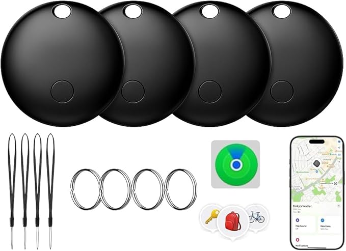 Air Tags-4 Pack, Pet Trackers, Item Locator Tags Works with Apple Find My | iOS Only | 4 Different Cases | Replaceable Battery | Water-Resistant | Item Finder for Key, Luggage, Backpack,Bike (4-Black)
