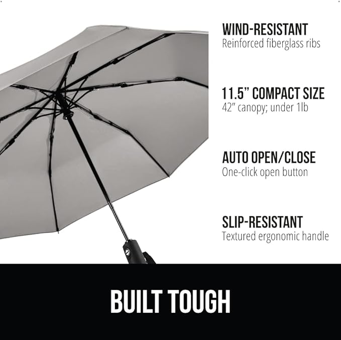 GORILLA GRIP Strong Stick Umbrella for Rain, Compact Travel One-Click Automatic Open Close, Lightweight, Portable, US Designed Reinforced Fiberglass Ribs, Wind Resistant, Easy Collapse, Gray