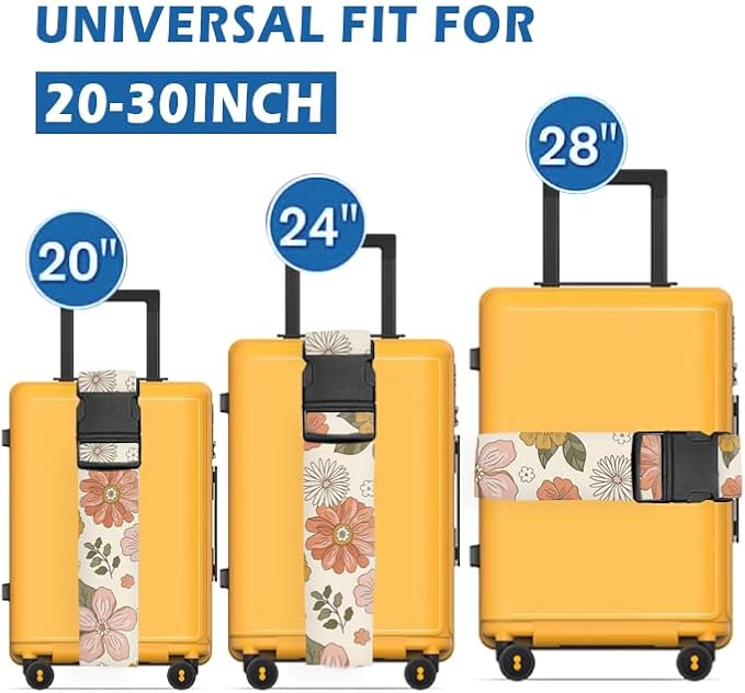 Luggage Straps for Suitcases Travel Belt Accessories, Cute Suitcase Strap, Adjustable Luggage Belt Strap, Heavy Duty with Quick-Release Buckle Luggage Strap Retro Boho Flowers