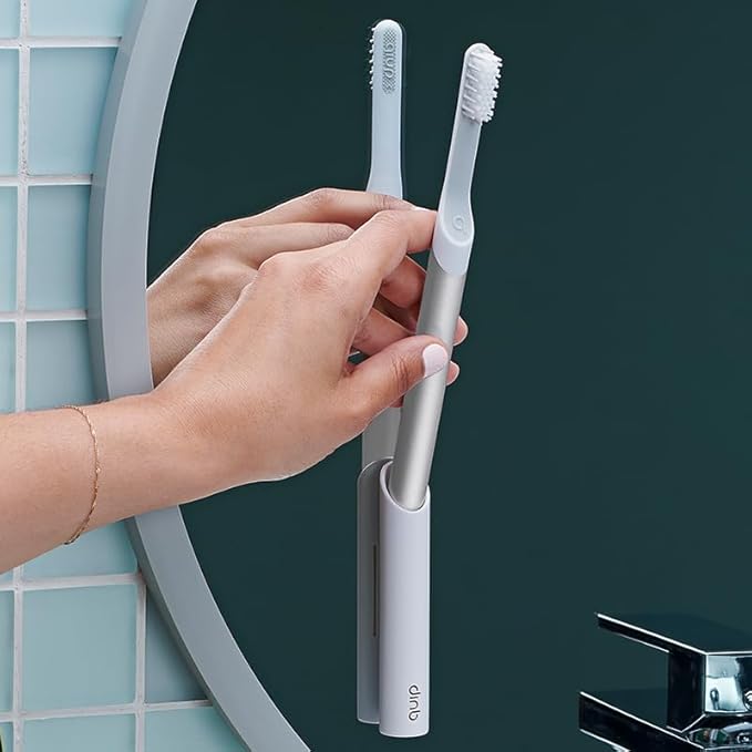 Quip Sonic Toothbrush for Adults with Timer - Includes Extra Brush Head and Travel Cover Mount - Electric, Soft Bristle Refill Head, Metal Handle, 3 Month Battery Life - Travel Toothbrush - Silver