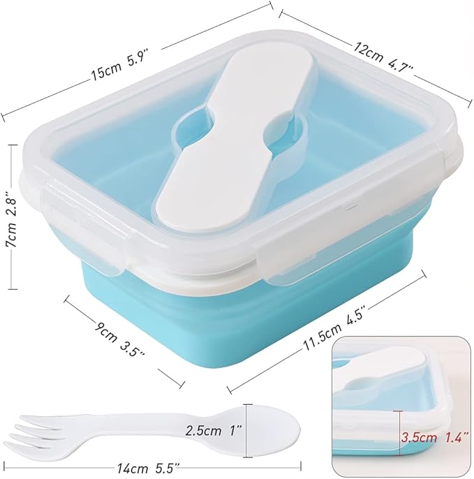 Silicone Lunch Container With Spoon & Fork, Bento Box, Collapsible Food Storage Container with Clip-on Lid, 20 Oz