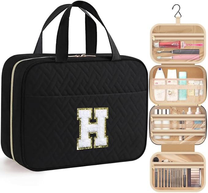 HOTOR Travel Toiletry Bag - Personalized Chenille Initial Makeup Bag, Water-Resistant Personalized Gifts for Women, Portable Travel Accessories & Essentials, Letter H, Black, 11.4"×9.0"×3.35"