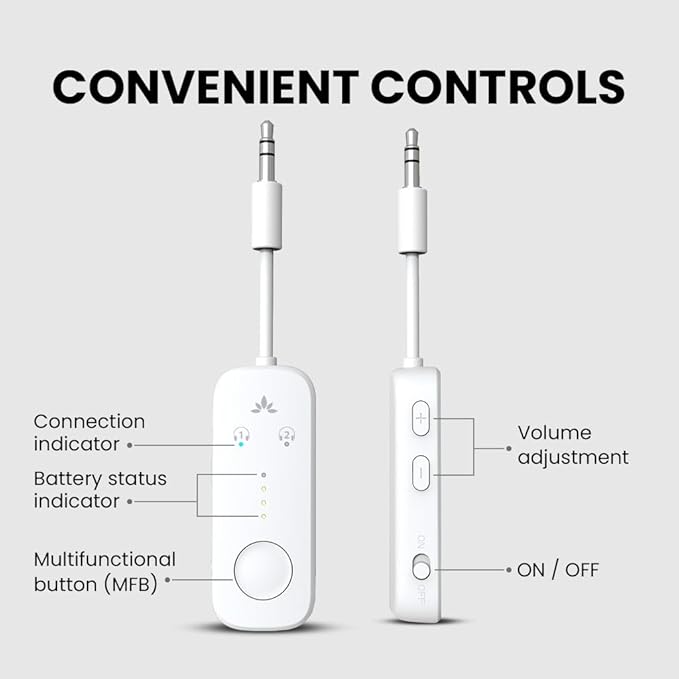 Avantree Relay - Airplane Bluetooth 5.3 Adapter with Qualcomm aptX Adaptive, Supports 2 AirPods or Headphones, 20Hr Playtime, 3.5mm AUX Wireless Audio Transmitter for Travel Flight, Airline, Gym