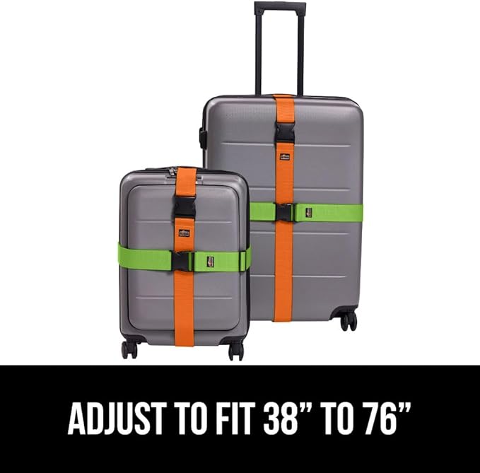 GORILLA GRIP Heavy Duty 4 Pack Adjustable Luggage Straps for Suitcases, Easy to Identify Travel Belt Connector Holds Suitcase Together, Extends Life of Bag, Strap Connects Two Bags, Green and Orange