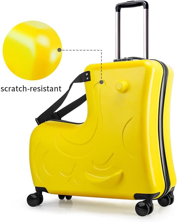 Hardside Ride on Kids Luggage with 4 Spinner Wheels for Girls and Boys, Rolling Childrens Travel Suitcase with Seat and Safety Belt for Toddler Ages 2-12 (Yellow, 25-Inch Checked)