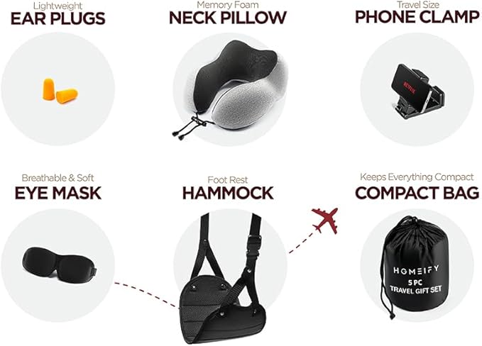 Airplane Neck Pillow Includes Travel Pillow + Airplane Phone Holder Mount + Eye Masks + Foot Hammock + Earplugs for Travel, 100% Pure Memory Foam Travel Pillow, 6 Pc Travel Kit