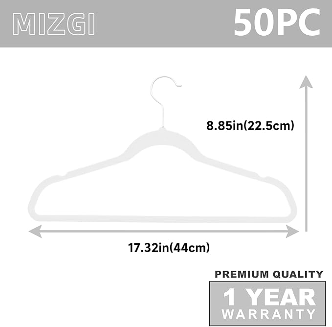 MIZGI Premium Velvet Hangers (50 Pack) Heavy Duty - Non Slip Felt Hangers - Velvet Suit Hanger White - White Coated Hooks,Space Saving Clothes Hanger
