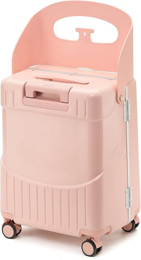 20 Inch Carry On TSA Lock Luggage for Kids& Adult,Lockable Spinner Wheels Free Luggage Cover and Safety Seatbelt Travel Suitcase (Carry-On TSA Luggage with Child Seat Pink)