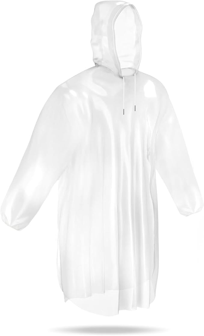Mindful Design Rain Ponchos with Drawstring Hood (4 Pack) Disposable Emergency Clear Poncho for Adults