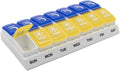 EZY DOSE Weekly (7-Day) AM/PM Pill Organizer, Daily Vitamin Container and Medicine Box, Large Pop-Out Compartments, Designed for Travel, 2 Times a Day, Blue and Yellow Lids