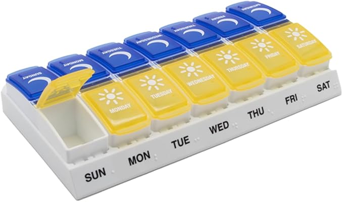 EZY DOSE Weekly (7-Day) AM/PM Pill Organizer, Daily Vitamin Container and Medicine Box, Large Pop-Out Compartments, Designed for Travel, 2 Times a Day, Blue and Yellow Lids