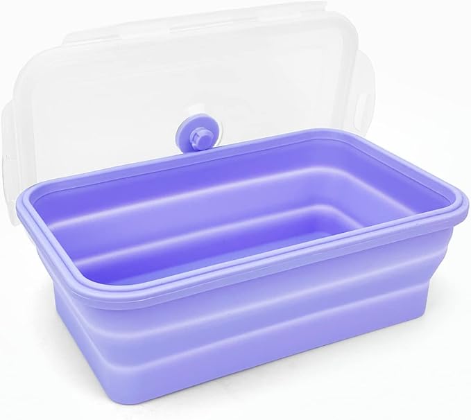 Purple Collapsible Sandwich Container, Silicone Lunch Container Bento Box with Plastic Lid, Microwave Safe, Camping Bowl For Meal Prep, Travel and Hiking, 40oz/1200ML