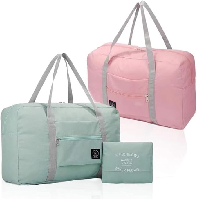 Foldable Travel Duffel Bag (2 Pack), For Spirit Airlines, Weekender Overnight Bag, Tote Carry on Luggage Sport Duffle Weekender Overnight for Women and Girls (Pink Blue)