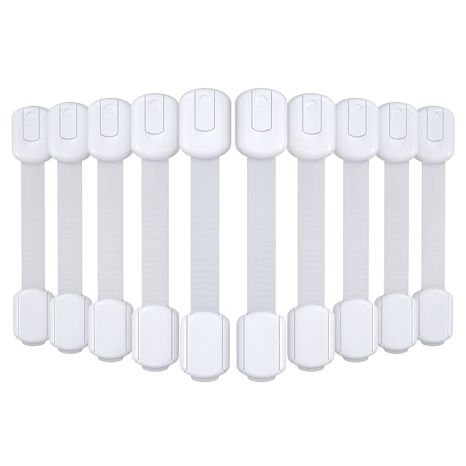 4our Kiddies 10 Pack Baby Proof Cabinet Latches, Childproof Drawer Latches with 6 Extra 3M Adhesives, Adjustable Child Safety Cabinet Strap Locks, Baby Drawer Locks for Kids and Child Safety