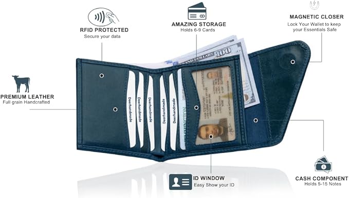 Leather RFID Wallet for Men, Slim Leather Mens Wallet, Handcraft Men's Wallets, Card Cases & Money Organizers, Magnetic Closure Sleek RFID Blocking Thin Mens Wallets with 9-12 Card Slots & Gift Box
