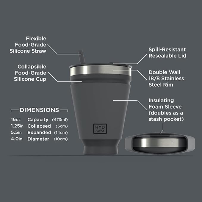 HYDAWAY 16oz Collapsible Tumbler - BPA-Free, Reusable Silicone Cup with Lid & Insulating Sleeve - Perfect for Coffee, Travel, and Everyday Use