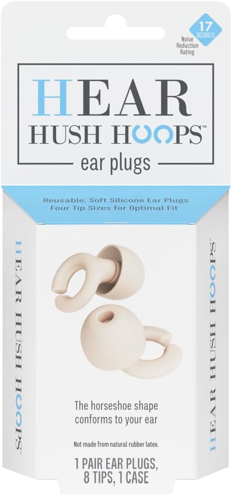 Ear Plugs, Reusable Soft Silicone Plugs with Horseshoe Shape for Comfort, Designed for Sleep and Loud Noises, 17dB (NRR) Noise Reduction Rating, Cream, 1 Pair with Portable Travel Case