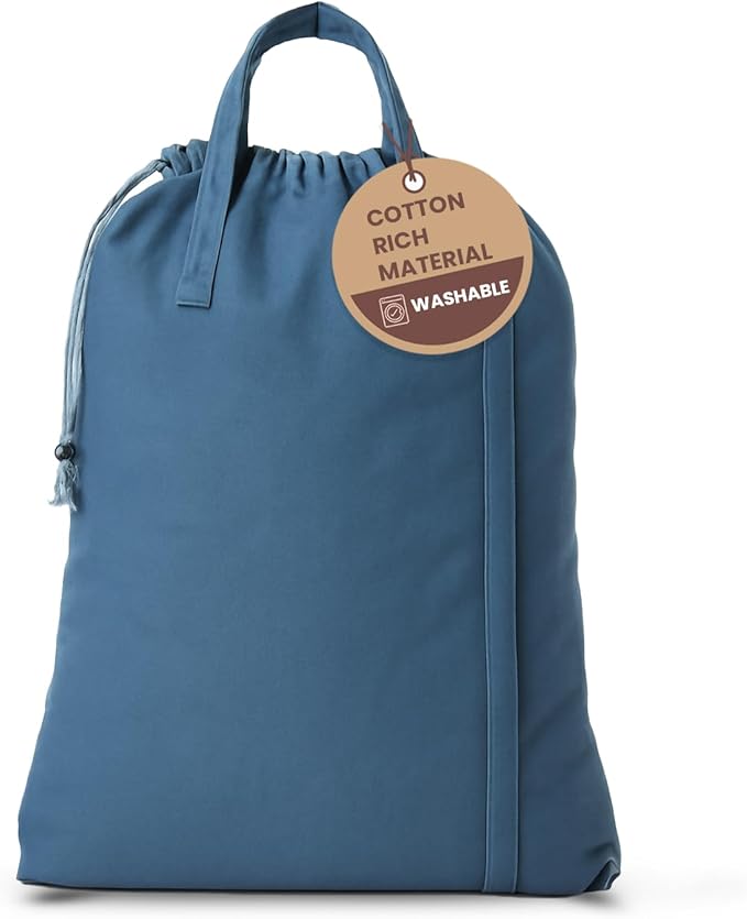 LFH Home Cotton Canvas Large Laundry Bag with Handle, Heavy Duty Drawstring Closure Washable Laundry Bags, School Travel, Home, Hotel, College Dorm, Organizer Sack, Toys Clothes 28x40-Sky Blue