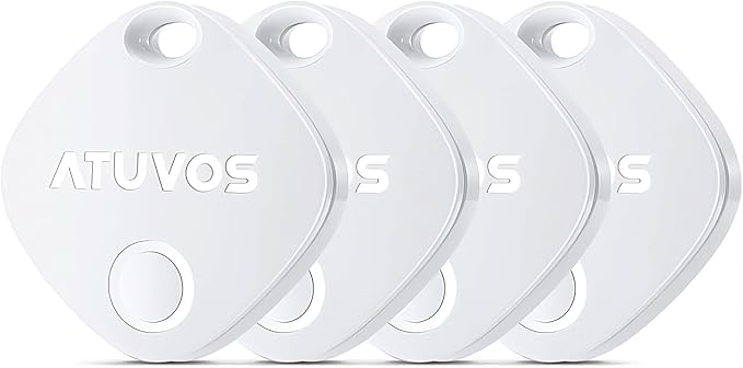 ATUVOS Air Tracker Tags-4 Pack, Bluetooth Luggage Tracker Works with Apple Find My APP (iOS Only, Not for Android), Keys Finder and Item Locator for Luggage, Backpack, Suitcases, Replaceable Battery