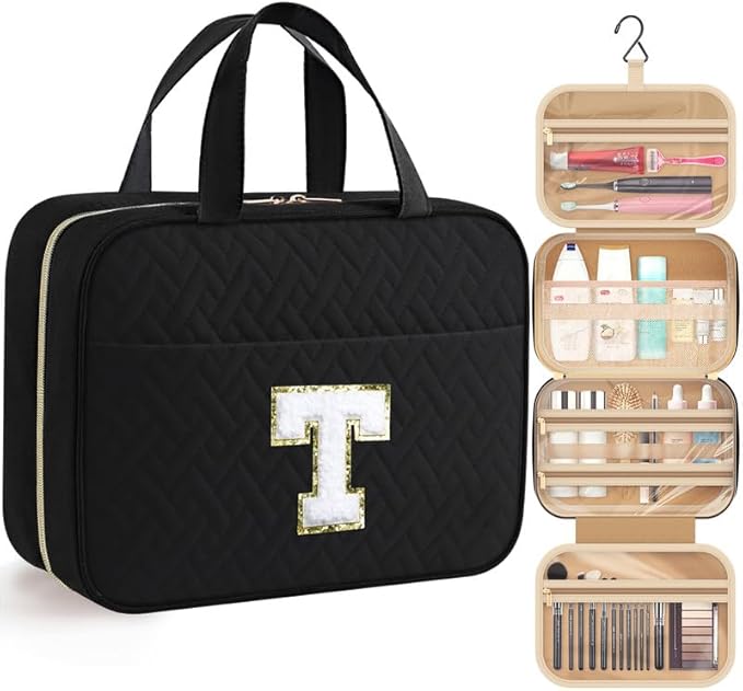 HOTOR Travel Toiletry Bag - Personalized Chenille Initial Makeup Bag, Water-Resistant Personalized Gifts for Women, Portable Travel Accessories & Essentials, Letter T, Black, 11.4"×9.0"×3.35"