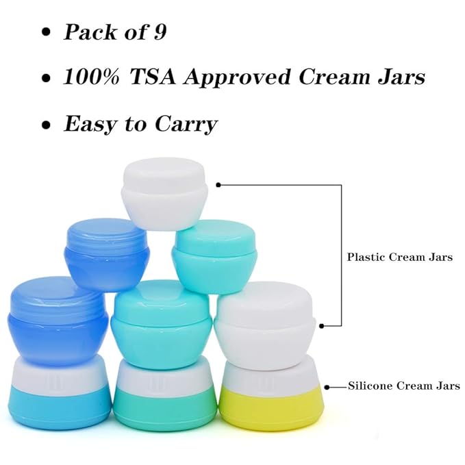 Cosywell Travel Containers Sets Silicone & PP Cream Jars for Toiletries Empty Lotion Leak-proof & TSA Approved Bottles Accessories with Hard Sealed Lids for Cosmetic Makeup Face Cream (9 Jars)