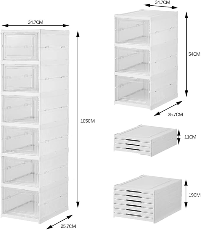 Shoe Organizer Foldable Shoe Rack, No Assembly Box Covered Shoe Storage with Doors, Free Standing Space Saving Shoe Box Stackable Dustproof 6,3 (1×6 Tiers)