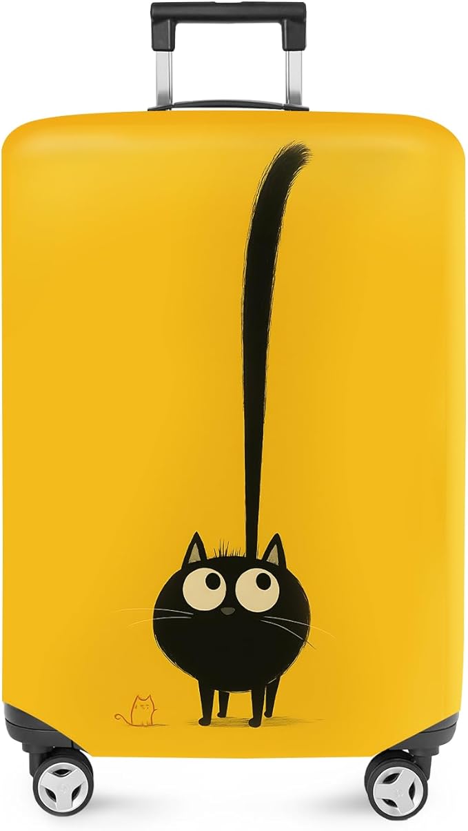 ANNA QUEEN Cute Black Cat Luggage Cover, Whimsical Cat Design with Long Tail, Stretchable, Washable Travel Protector for 24-26 Inch Luggage