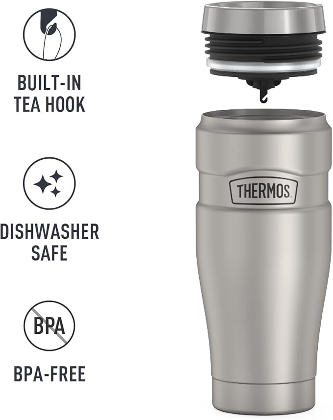 THERMOS Stainless King Travel Tumbler, 16 Ounce, Vacuum-Insulated | Matte Steel | Pack of 4