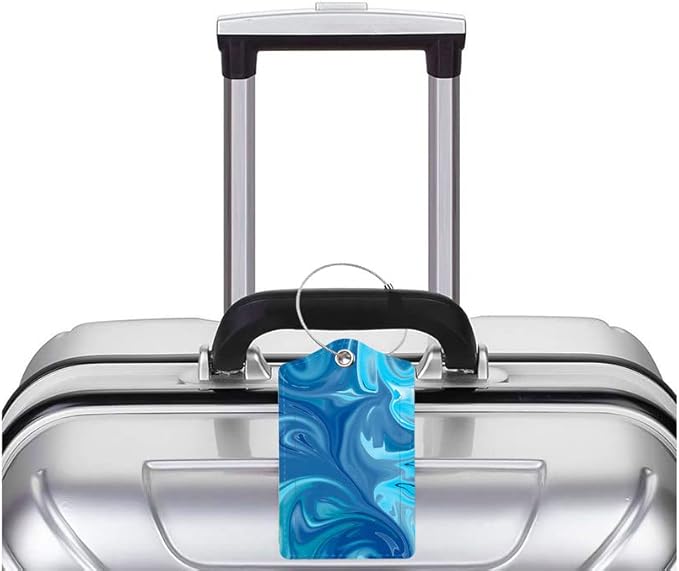 2 Pack Luggage Tag for Suitcase, Cute Unique Leather Bag Tags Identifiers Privacy Cover ID Label with Durable Steel Loop for Women Men Kids Girls Travel，Blue Wave