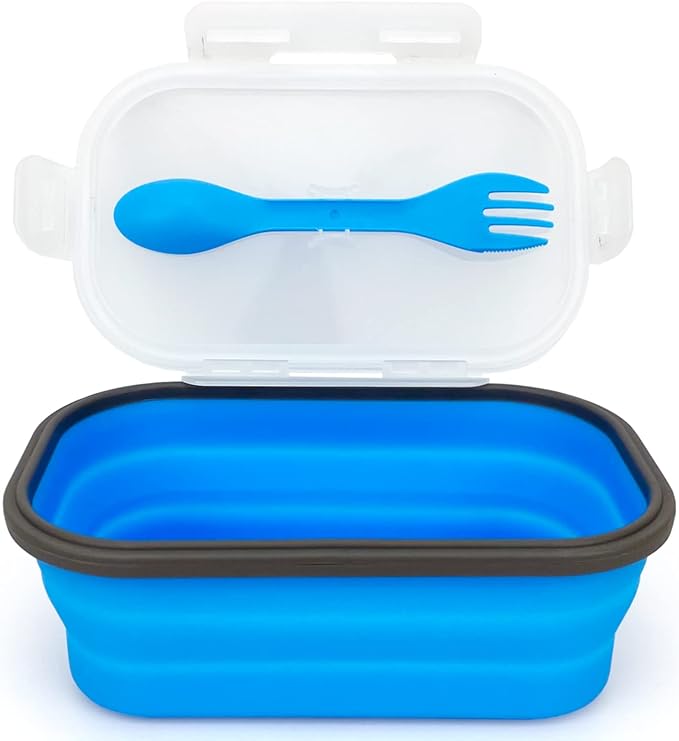 Collapsible Lunch Box Containers, Silicone Bento Box with Airtight Lid and 2 in1 Spoon & Fork, 1000ml Large Portion Reusable Silicone Food Storage Container, Microwave Dishwasher Safe