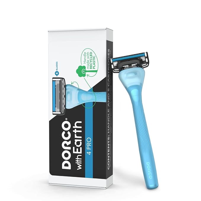 DORCO with Earth Razor with Pace 4 Pro Cartridges • Handle Made from Post Recycled Plastic • Premium Blades For Men and Women Body & Face Shaving • One Handle and 5 Cartridges
