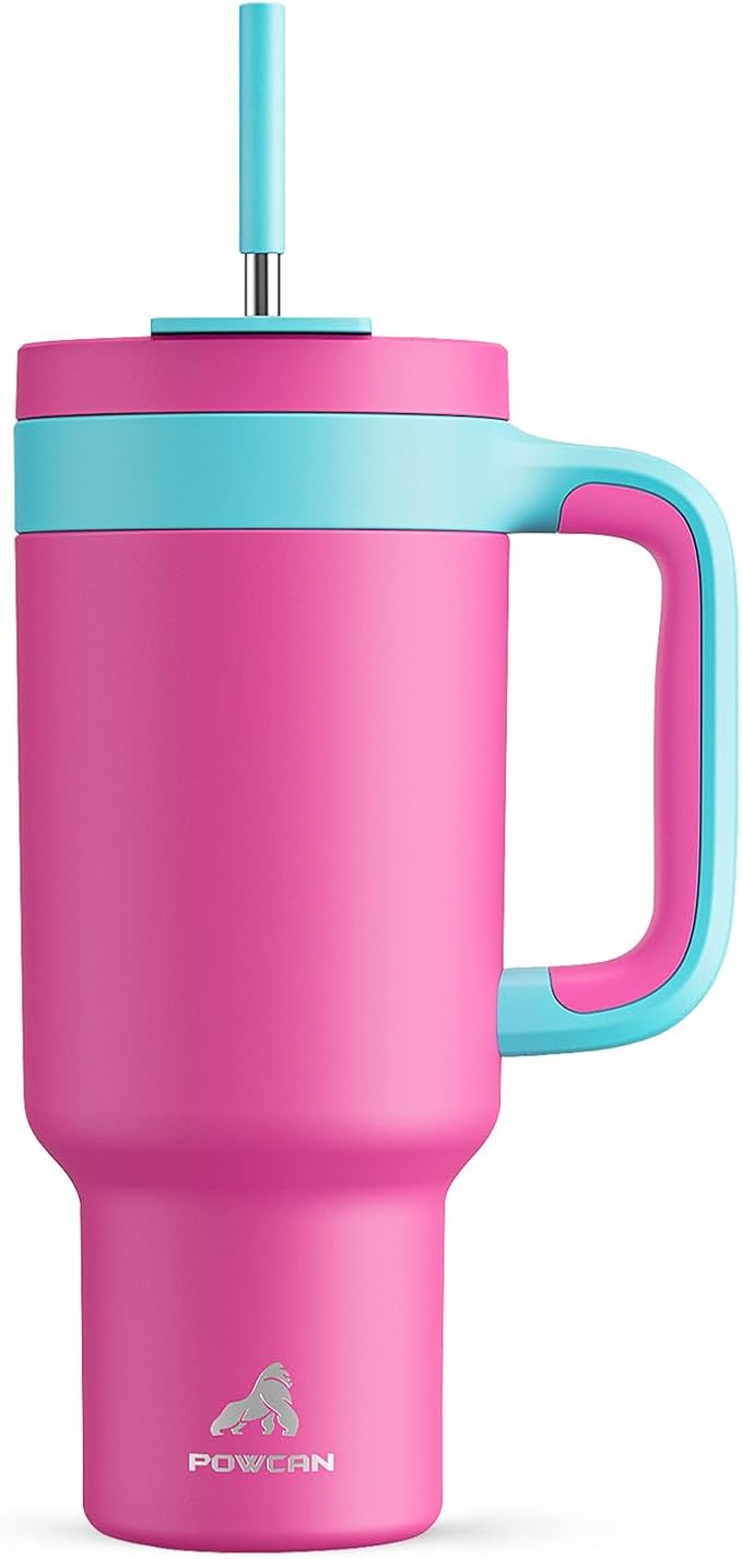 POWCAN 40 oz Tumbler with Handle, 2-in-1 Straw and Sip Lid, Leakproof, Dishwasher Safe, Insulated Stainless Steel Travel Coffee Mug, Keeps Cold for 34 Hours, Fits in Car Cup Holder (Petal)