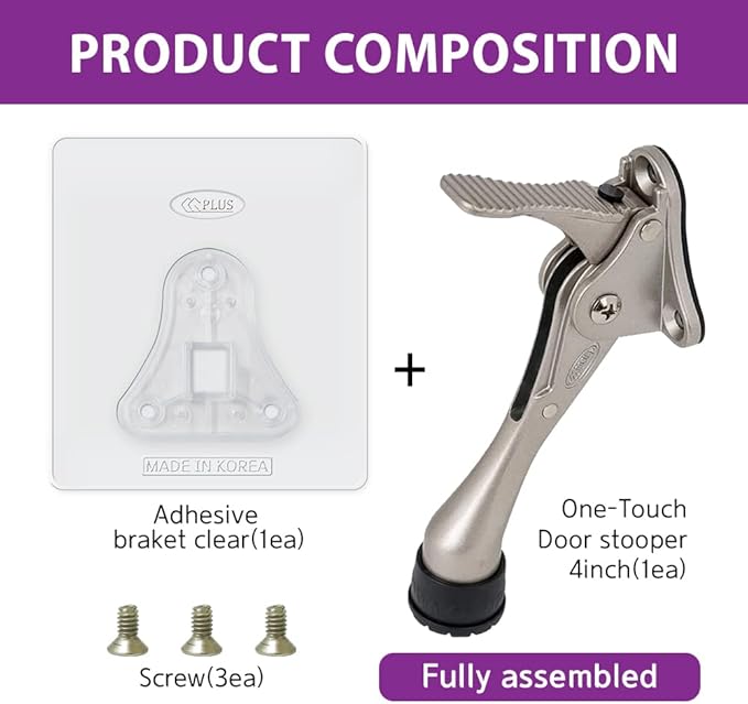 Door Stopper with Adhesive Bracket Stickers, No Drilling or Tools Needed, Available for All Doors, Door Holder, Heavy Door Stop, KickDown Door Stoppers by HASHI (Satin Nickel/Bracket 4pack)