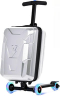 Scooter Suitcase for Kids & Adults, Foldable Carry On Travel Luggage, Hardside Ride on Scooter Suitcase with LED Light up Wheels，Silver