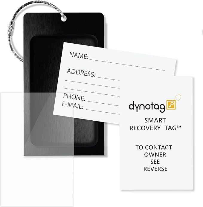 Dynotag® Web Enabled Smart Aluminum Convertible Luggage ID Tag + Braided Steel Loop, with DynoIQ™ & Lifetime Recovery Service (Midnight Black)